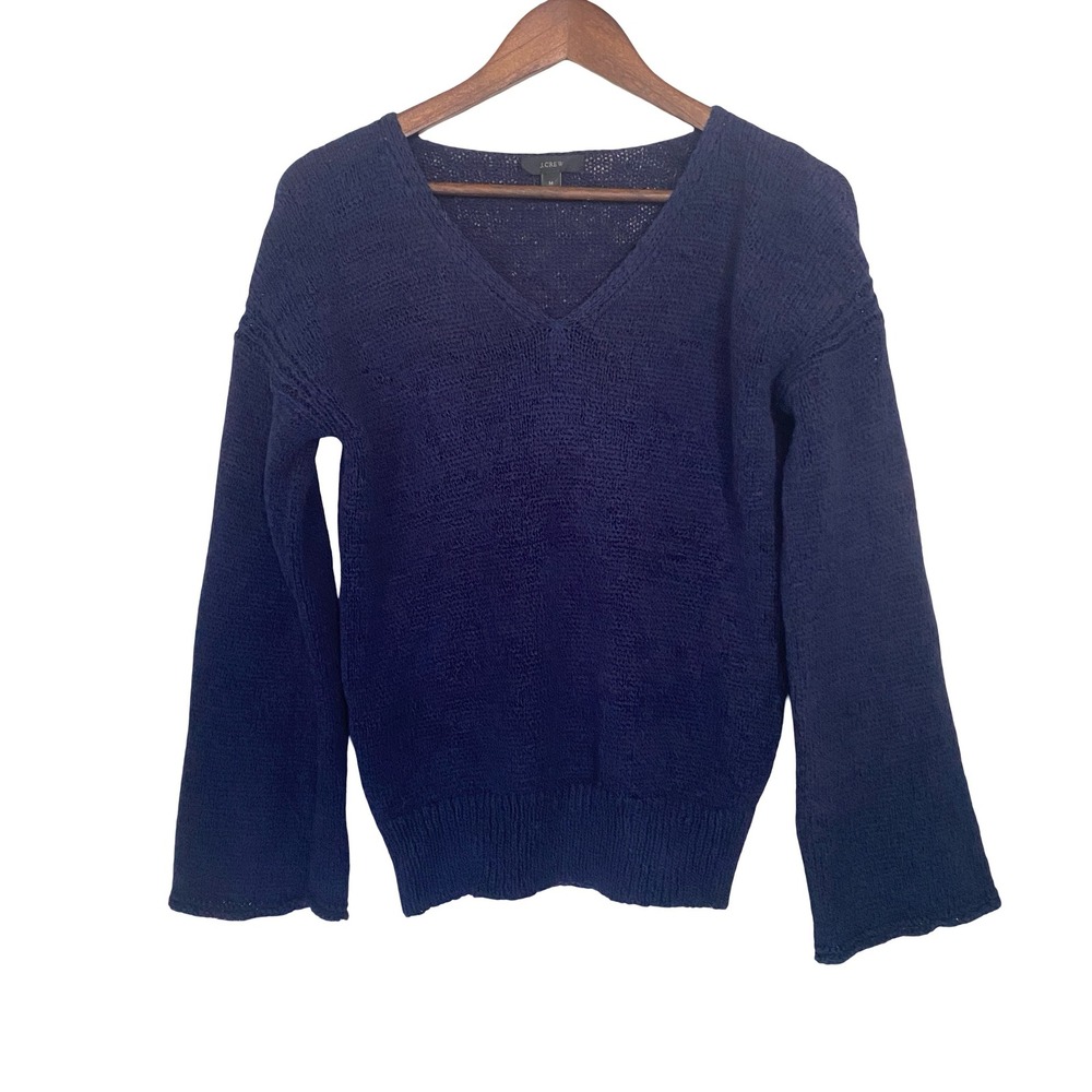 J. Crew V-Neck Women Sweater M Navy Blue Bell Sleeve Textured Cotton Knit